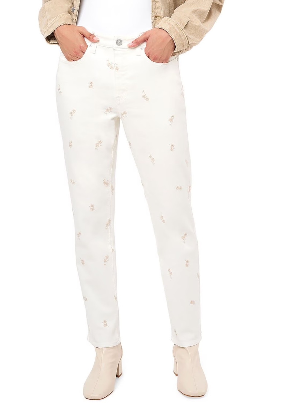 Seven7 90’s straight White Jeans with Beige Floral Embroidery 8